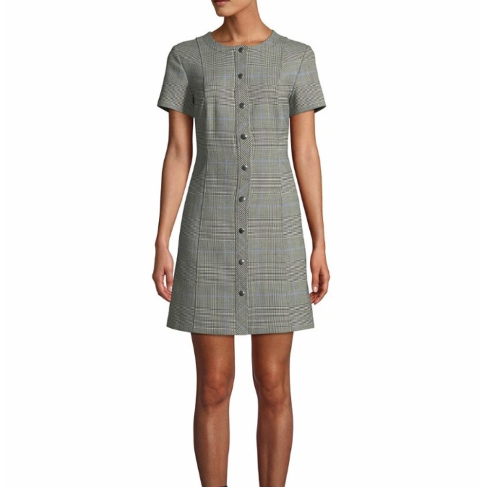 Theory Plaid Easy Snap Shift Mini Dress Women's Small Black Quiet Luxury Chic